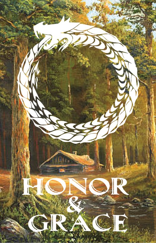 Honor & Grace — book cover: a white ouroboros dragon over a sunlit forest cabin